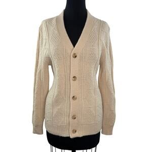 VINTAGE Lahmar Beige Cardigan Sweater Wool Cable Knit Front-Button L Large VTG